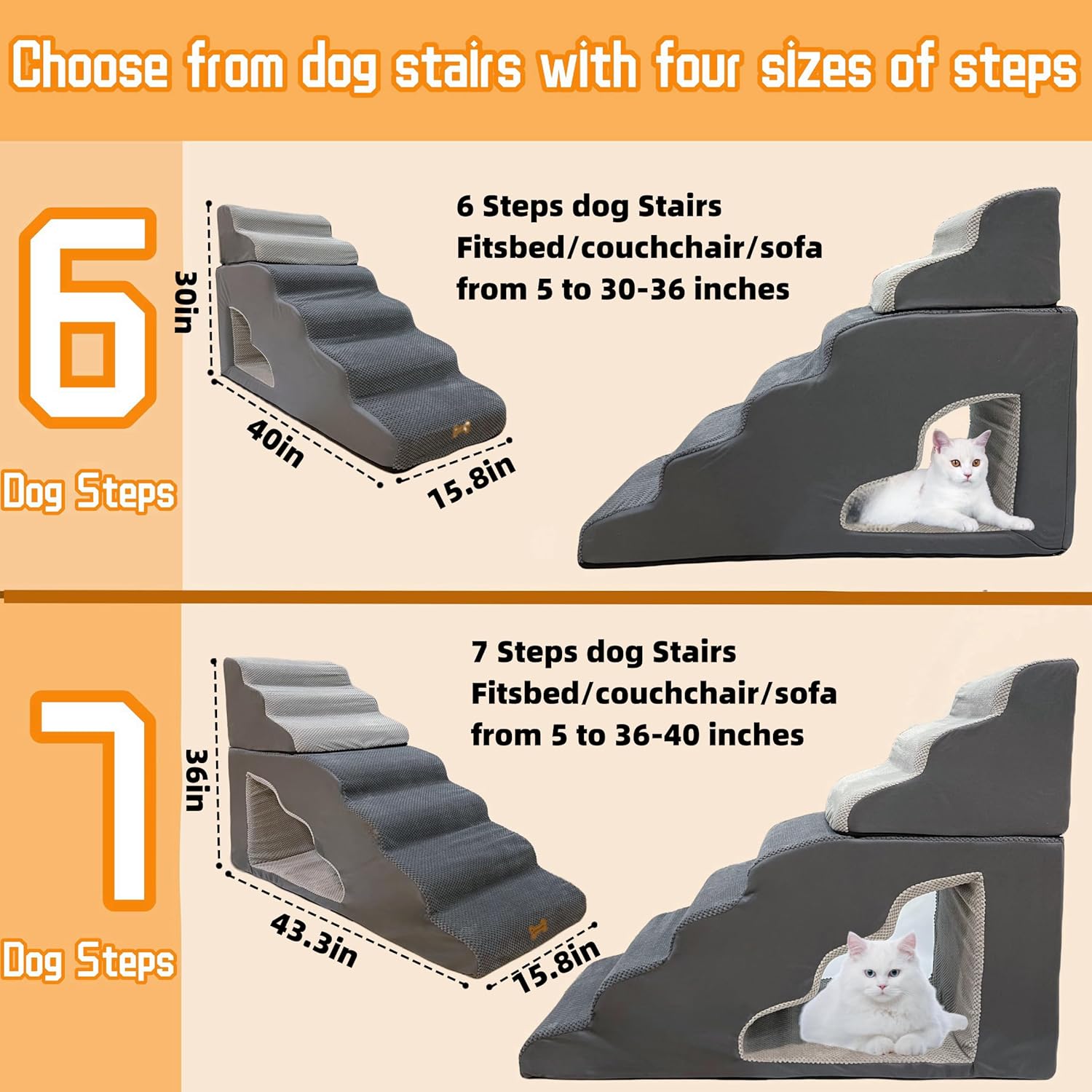 dog stairs for small dogs to 30 inches high beds, 6 step dog ramp stair for 18-36 inches couch-bed,pet stairs for small old meduim large dogs cats,Non-Slip balanced 6 tiers ladder,75 pounds Studry 33D - Pet Explorer