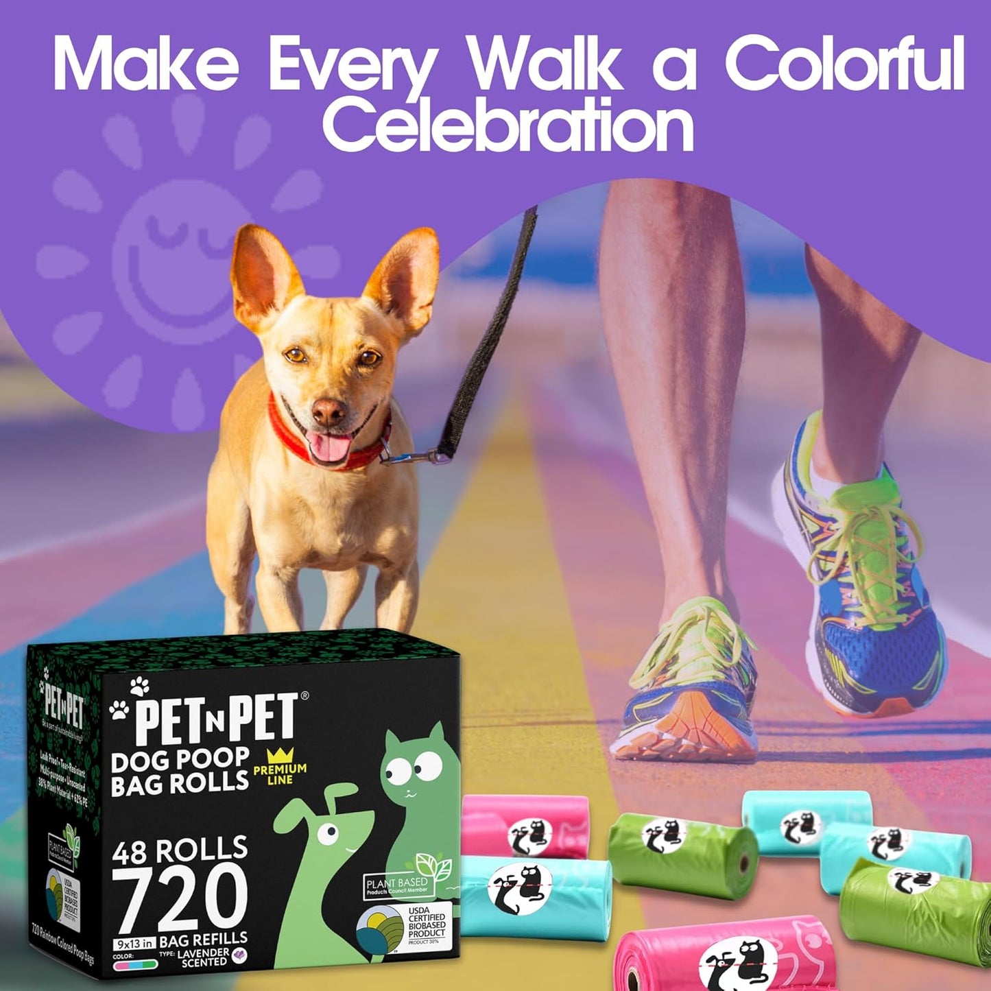 Pet N Pet 720 Counts Lavender Scented, Colorful Poop Bags for Dogs, 38% Plant Based & 62% PE Dog Poop Bags Rolls, Extra Thick Dog Waste Bag, Doggy Bag - Pet Explorer