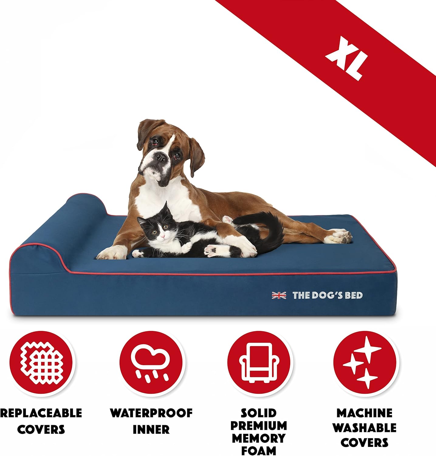 The Dog’s Bed Orthopedic Headrest Dog Bed XL Blue Oxford with Red Trim UK Flag Dog Bed 46x28, Memory Foam, Hip & Elbow Dysplasia, Post Surgery, Veterinary Approved, Waterproof Washable Cover - Pet Explorer