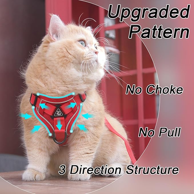 Cat Harness and Leash Set, Upgraded Escape Proof Adjustable Kitten Vest with Lead for Small Cat Outdoor Walking, Soft Breathable Mesh Jacket with Reflective Strips for Dark Night (S, Fresh Red)