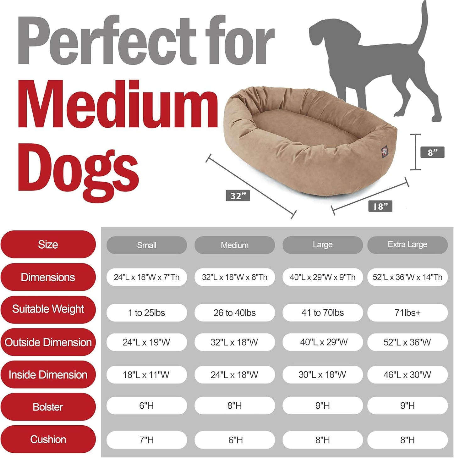 Majestic Pet 32 Inch Suede Shredded Memory Foam Mix Calming Medium Dog Bed Washable 32 x 23 x 7 (Inch) - Cozy Soft Round Donut Dog Bed with Spine for Head Support - Pet Bed Stone - Pet Explorer
