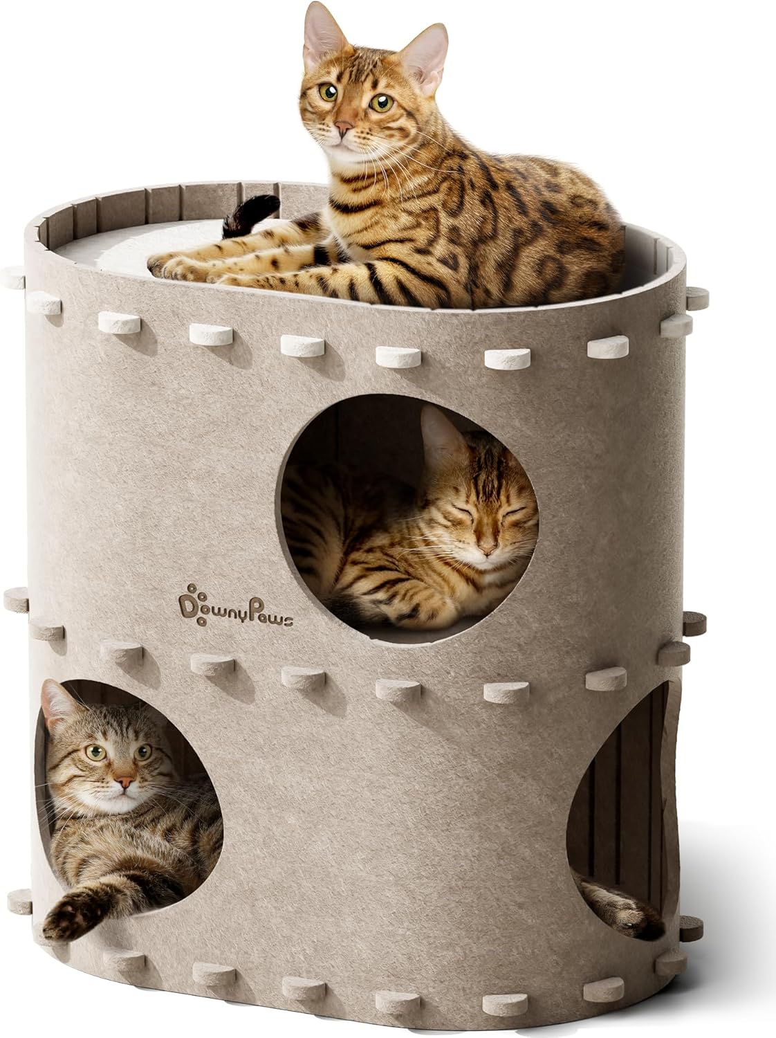 DownyPaws Cat House for Indoor Cats, 2-Storey Foldable Cat Bed Cave, Felt Cats Tunnel Bed Condo, Castle Kitten Cube Hideaway for Multicats, Scratch Resistant, Cream - Pet Explorer