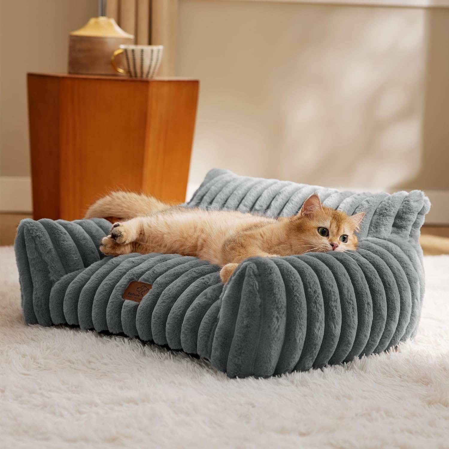 Bedsure Cute Cat Couch for Pets - Fluffy Cat Sofa with Premium Soft Corduroy Fleece, Fuzzy Pet Couch Bed with Removable Washable Cover, Supportive Pet Chair for Indoor Cats, 24inch, Warm Grey - Pet Explorer