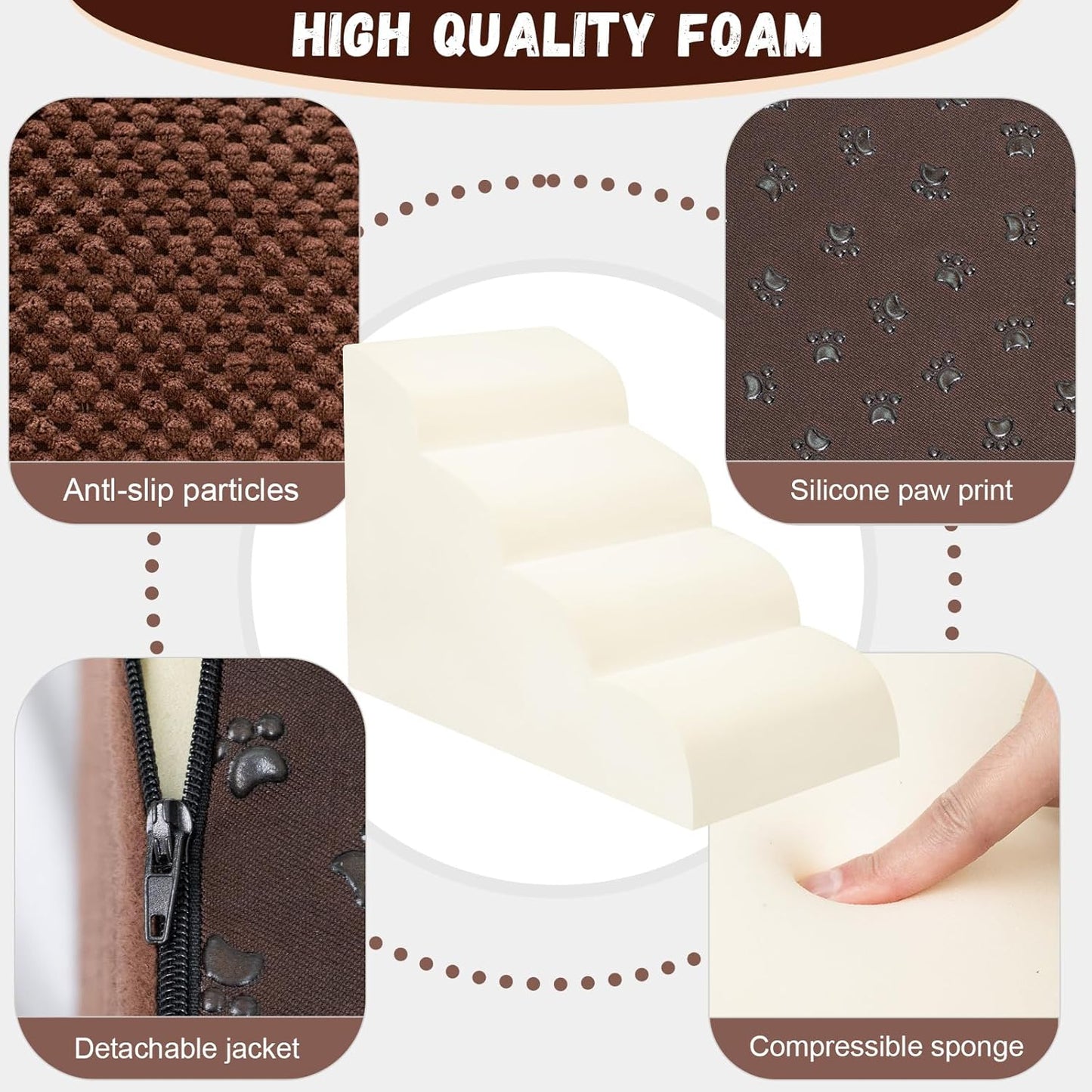 Dog Stairs for Small Dogs - High Density Foam Pet Steps, Extra Wide Dog Ramp with Non-Slip Bottom for High Beds, Couch and Sofa, Best for Dogs Injured, Older Doggy Cats,4 Steps, Brown - Pet Explorer