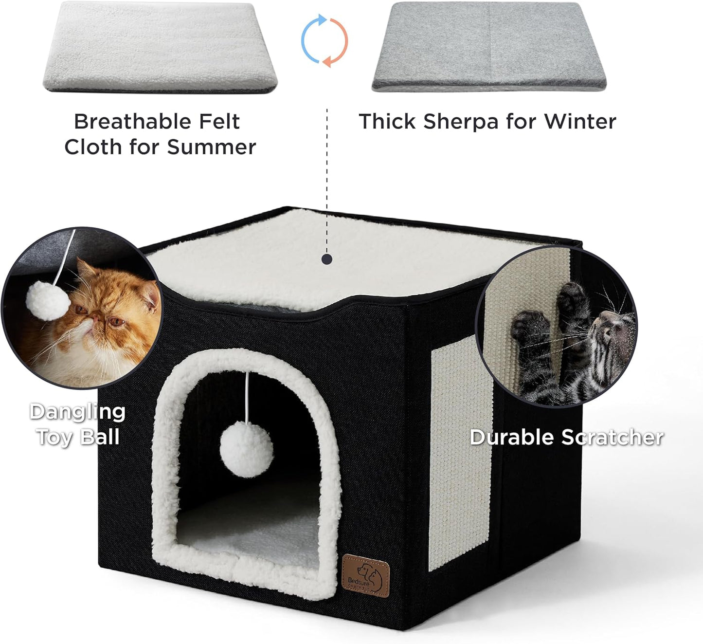 Bedsure Cat Beds for Indoor Cats - Large Cat Cave for Pet Cat House with Fluffy Ball Hanging and Scratch Pad, Foldable Cat Hideaway, 16.5x16.5x13 inches, Black - Pet Explorer