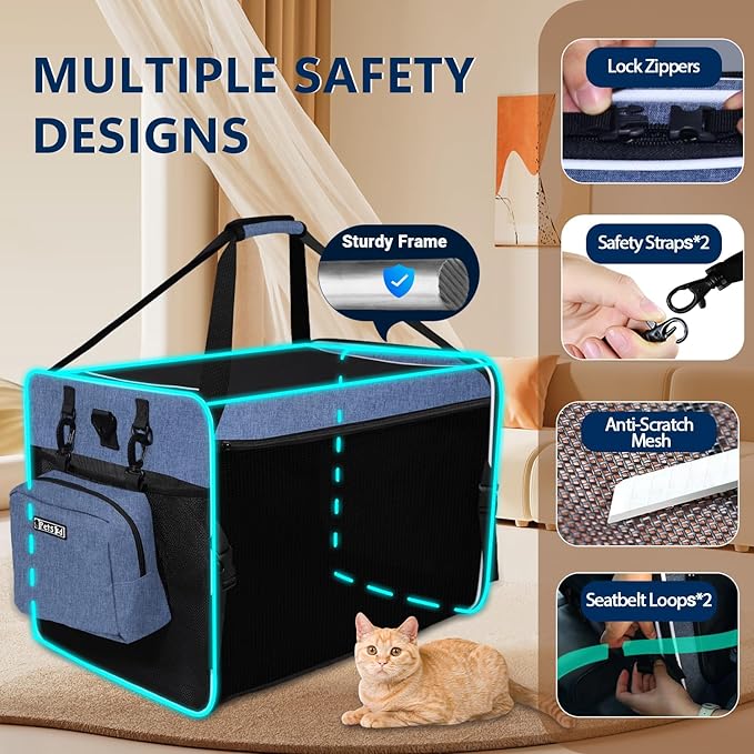 Petskd Extra Large Cat Carrier with Litter Box for Car Travel,24"x17"x17"Portable Soft-Sided Pet Carrier with Zipper Locks for Large Mudium Cats or 2 Small Cats Under 55LBS(Blue)