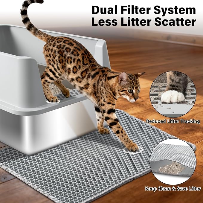 Stainless Steel Litter Box, XL Metal Cat Litter Box with Lid, Extra Large Cat Litter Boxes for Big Cats with High Sides, Leak Proof, Easy to Clean, No Stick, Odor Control, Include Scoop and Mat
