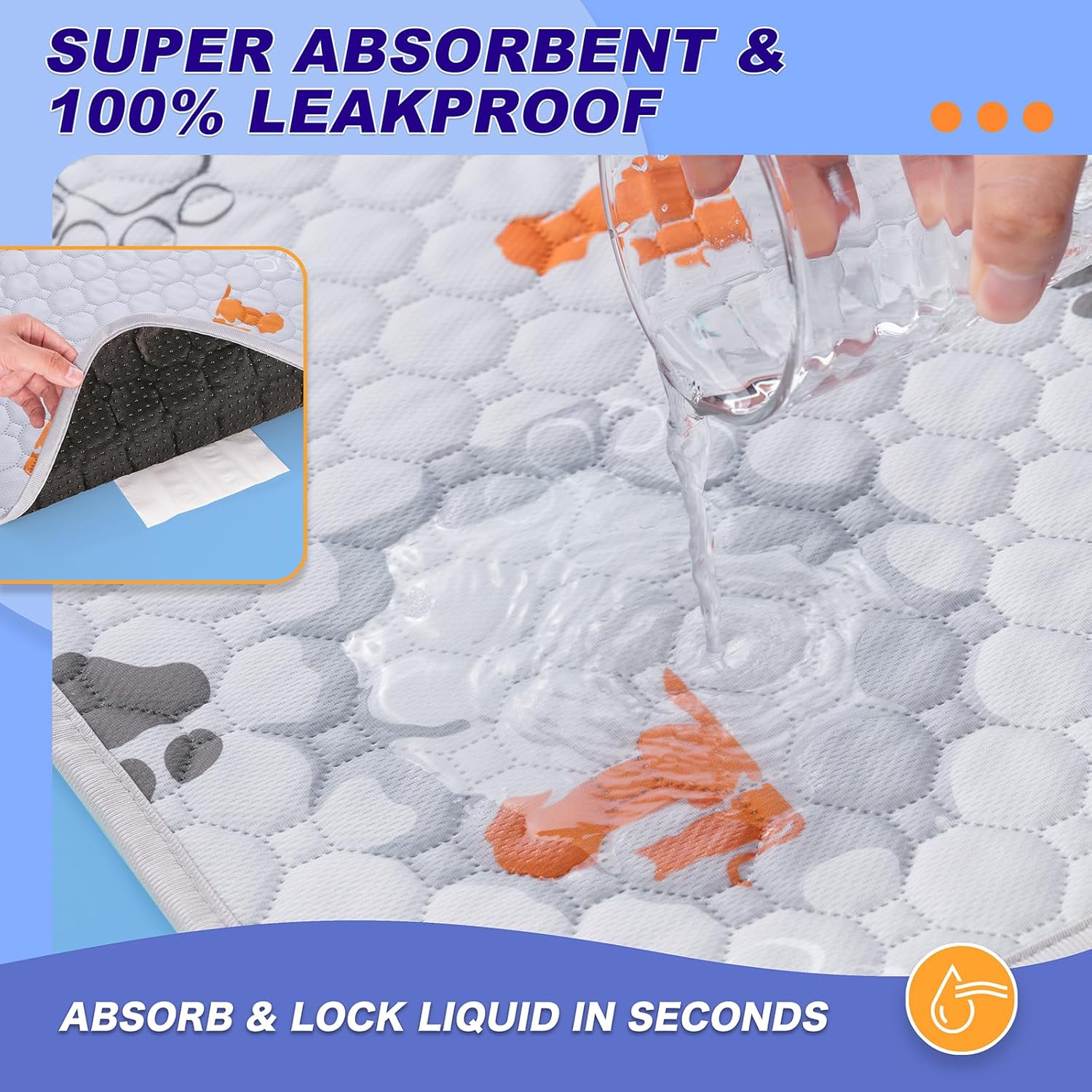 Washable Pee Pads for Dogs, 2 Pack Absorbent Reusable Training Dog Pads Pet Puppy Pads, Non-Slip Potty Pads for Whelping, Playpen, Crate, Bed, Orange, 32"x52" - Pet Explorer