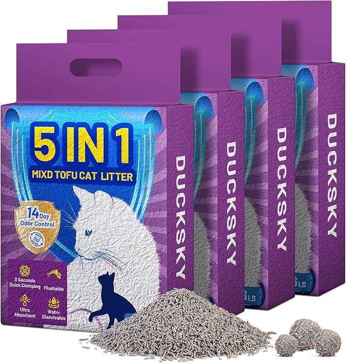 Ducksky Tofu Cat Litter Fast Clumping 5in1, Natural Plant-Based flushable Lightweight tofu Litter for Kitty, Effective Odor Control,unscented pellets, 99% Dust- Free,Low Tracking,(6.6LB x 4 Pack)