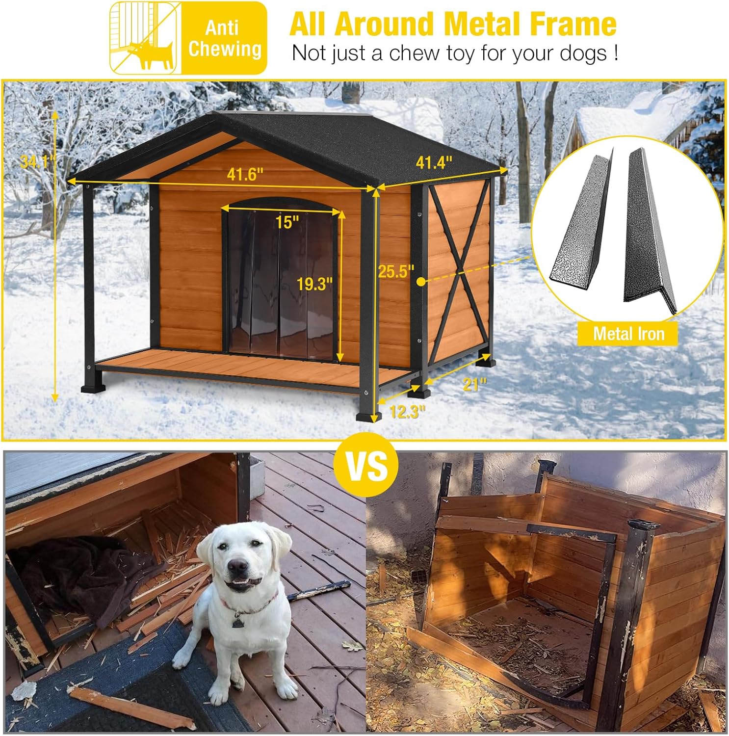 Aivituvin Outdoor Dog House with Chewproof Strong Metal Frame Insulated Outside Dog Kennel Weatherproof for Medium to Large Dogs, (41.5" L x 41.4" D x 34.1" H) - Pet Explorer