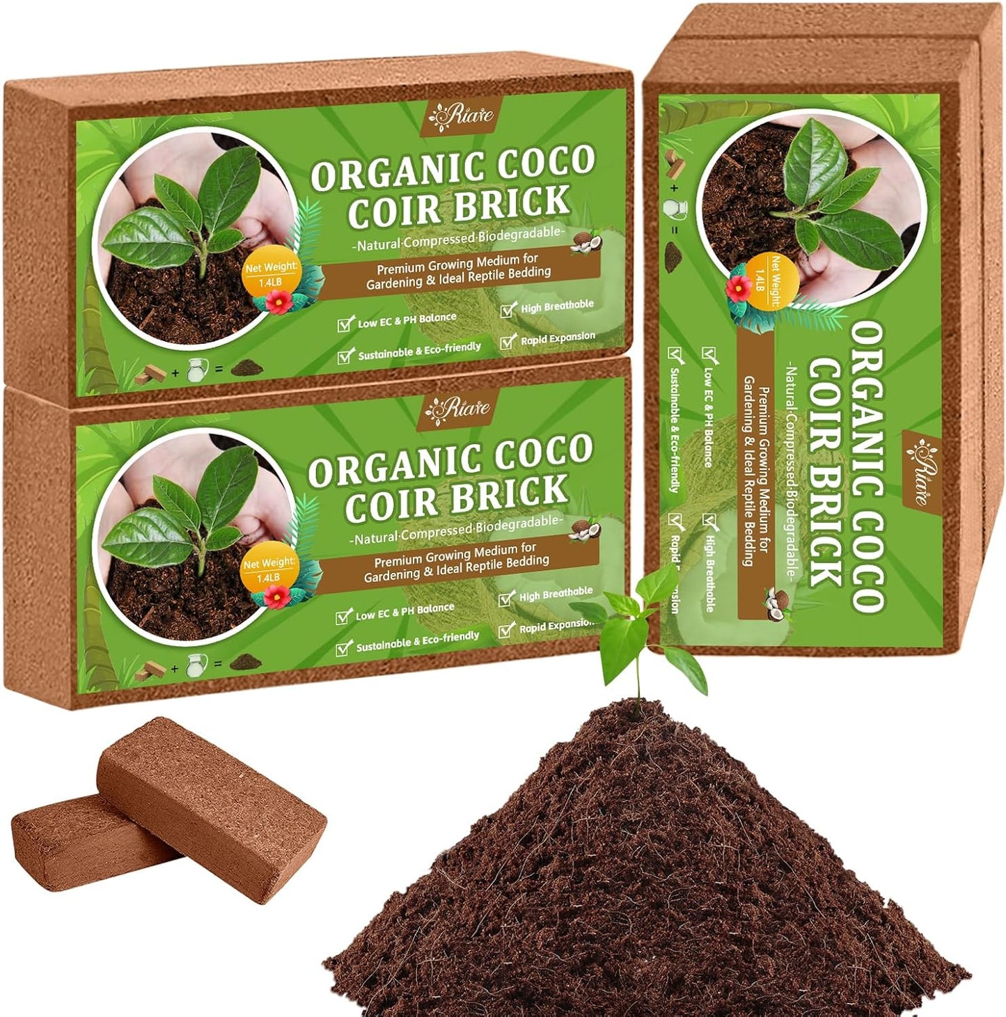 Riare 4pcs Organic Coco Coir Bricks Soil Blocks- 100% Natural Compressed Coco Peat Brick Coconut Fiber Substrate with Low EC& pH Balance, High Expansion Coco Coir Pith Coconut Husk for Garden - Pet Explorer