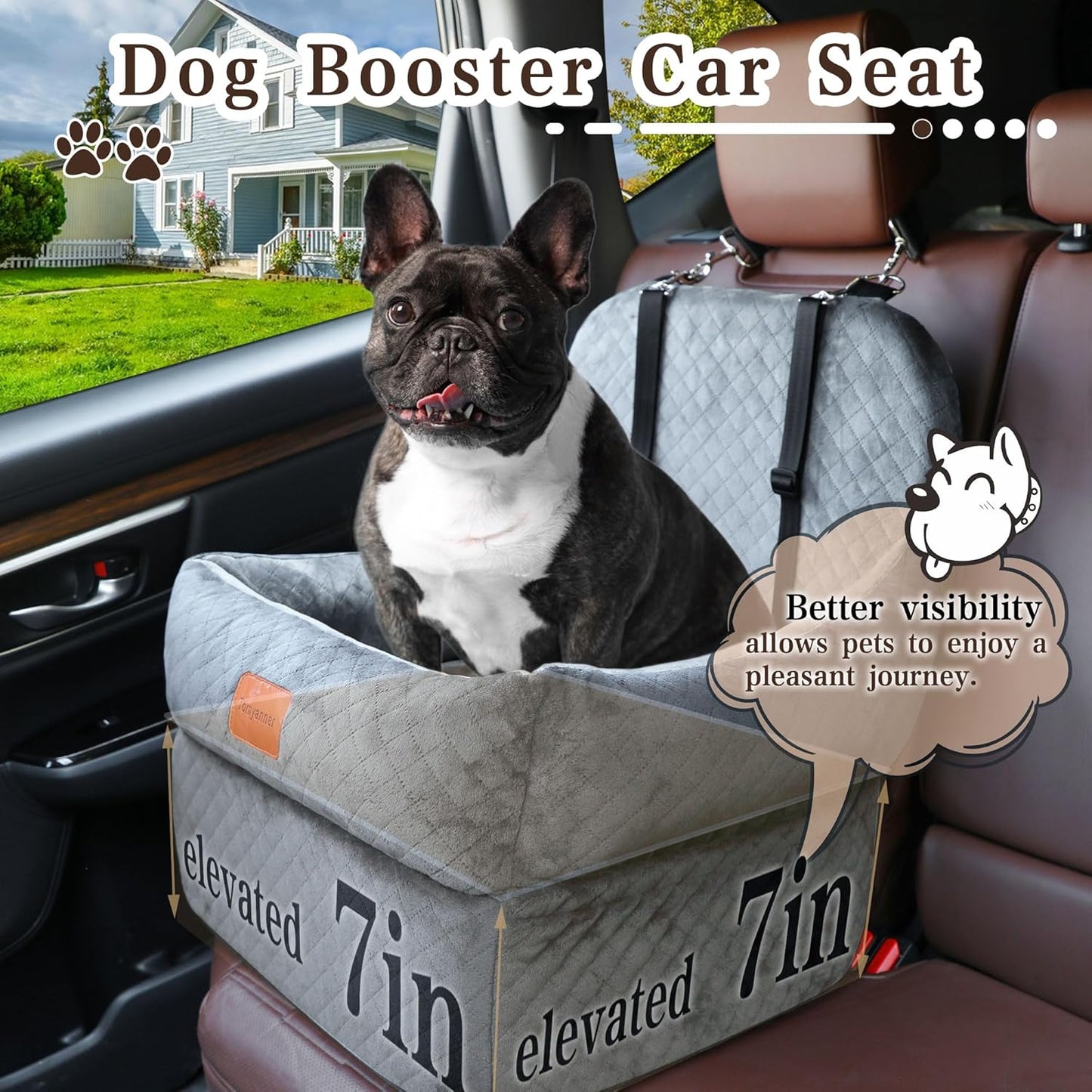 Dog Booster Car Seat with 7 Inches of Interior Height,Elevated Pet Car Seat for Small/Medium Sized Dogs,Puppy Portable Car Seat,Washable Removable Cover Travel Safety Car Seat,Easy to Use(H-Grey) - Pet Explorer