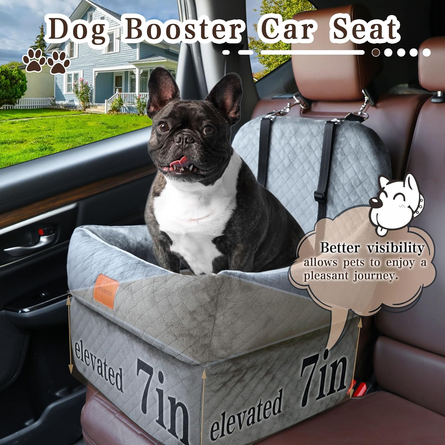 Dog Booster Car Seat with 7 Inches of Interior Height,Elevated Pet Car Seat for Small/Medium Sized Dogs,Puppy Portable Car Seat,Washable Removable Cover Travel Safety Car Seat,Easy to Use(H-Grey) - Pet Explorer