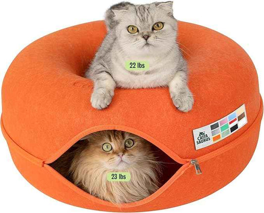 Cattasaurus Peekaboo Cat Cave Donut for Multiple & Large Cats up to 30-45 lbs, 3-in-1 Self Warming Cat Bed, Tunnel & Scratcher for Indoor Cats, Washable & Detachable Small Dog Bed (Orange, Large)