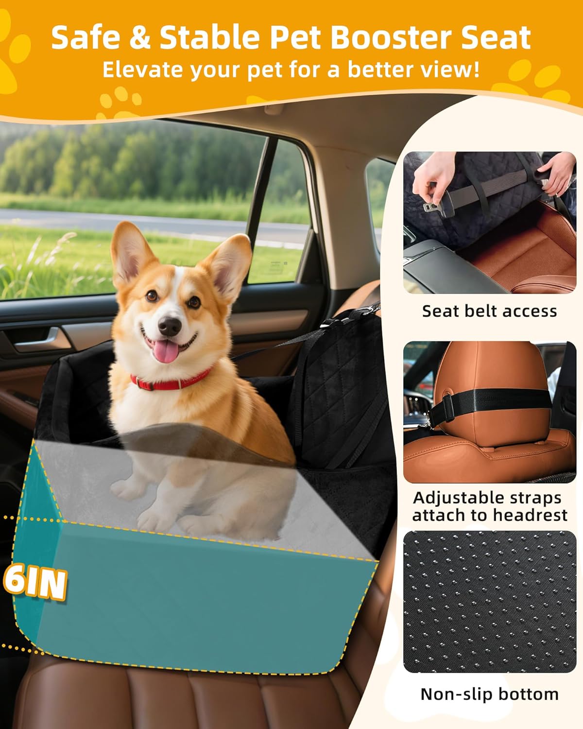 Car Seat Booster for Dog: High-Support Memory Foam Pet Car Seat for Small/Medium Dogs Under 35lbs with Elevated Cushion - Detachable Washable Puppy Travel Bed for Driving with Pockets (Black) - Pet Explorer