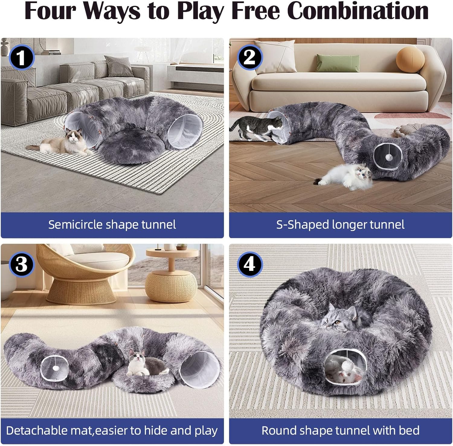 Odoland Cat Tunnels for Indoor Cats with Fluffy Plush Central Cat Couch and 20 Cat Toys, Tunnel Bed for Cats with Hanging Ball, Detachable Soft Mat and Variety Kitty Toy Set, Grey - Pet Explorer