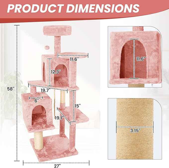 58in Large Cat Tree Tower for Indoor Cats with Soft Plush Hang Ball, Two Condos, Sisal Scratch Posts & Rope Play for Kittens/Adult Cats, Pink