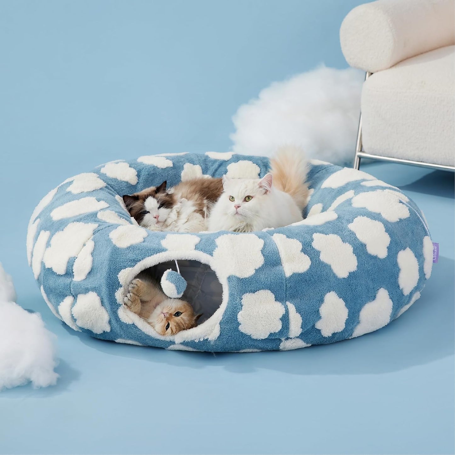 Lesure Large Cat Tunnel Bed - Cute Donut Bed for Indoor Cats with Washable Circle Cushion, Round Pet Peekaboo Cave Toy for Multi Kitten/Puppy/Rabbit, Large Blue - Pet Explorer