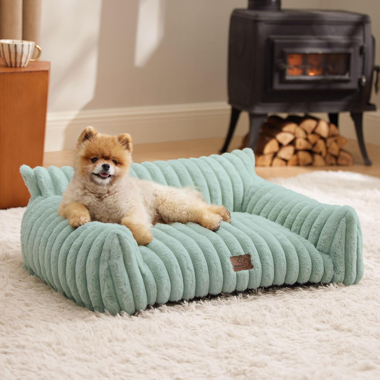 Bedsure Cute Cat Couch for Pets - Fluffy Small Dog Sofa with Premium Soft Corduroy Fleece, Pet Sofa with Removable Washable Cover, Supportive Dog Couch Bed for Small Medium Dogs, 30inch, Garden Green - Pet Explorer