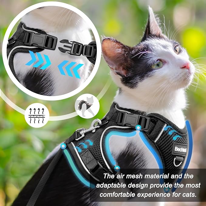 Cat Harness and Leash for Walking, The Upgrade Can be Adjusted in Four Directions and Breathable Cat Harness for Anti Escape That can be Fitted and Positioned, Reflective Strips Harness, Black, M