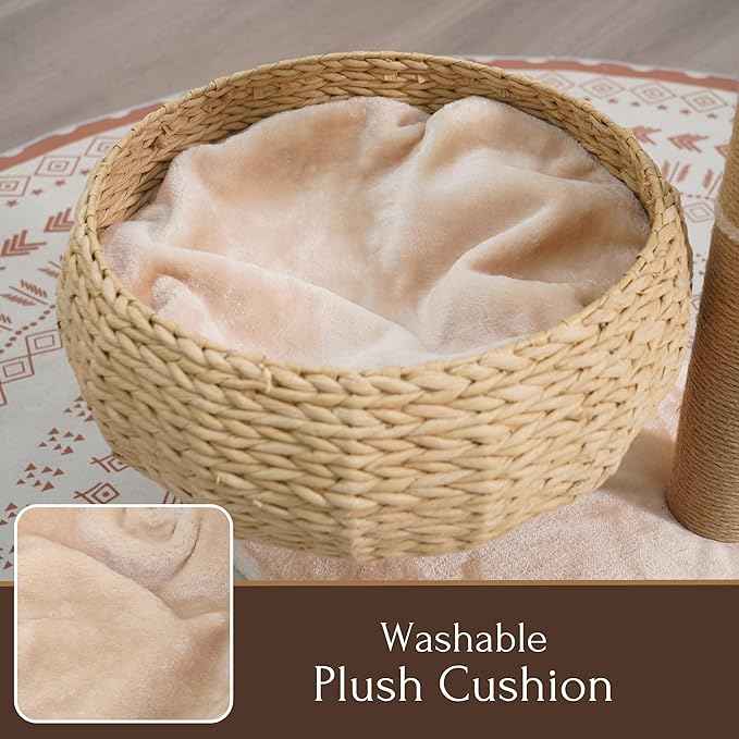 PetPals 3 Level Handwoven Paper Rope Cat Basket Bed and Perch with Scratching Post, Washable, Removeable Curshions, Playful Toy, for Indoor Cat, Light Brown