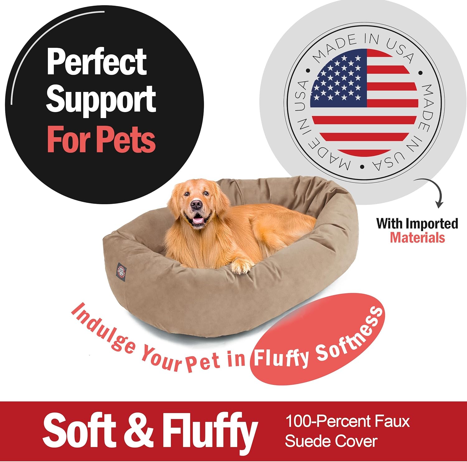 Majestic Pet 40 Inch Suede Shredded Memory Foam Mix Calming Large Dog Bed Washable 40 x 29 x 9 (Inch) - Cozy Soft Round Donut Dog Bed with Spine for Head Support - Pet Bed Stone - Pet Explorer