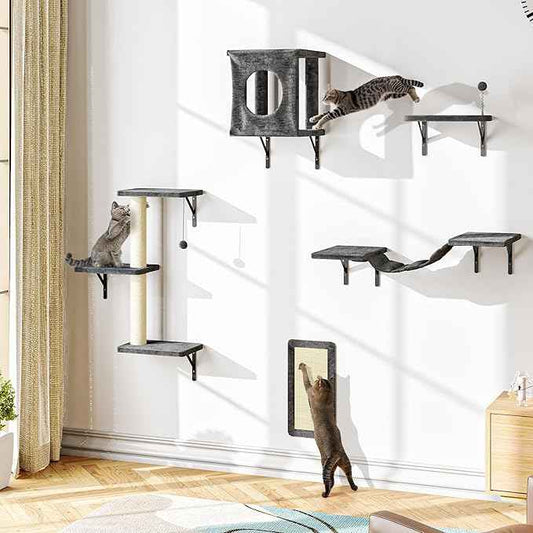 NUNU LAB Cat Wall Shelves, 5Pc Wall Mounted Cat Climber, Floating Perch, Bridge,Tree, House, Modern Indoor Furniture for Kitten - Gray