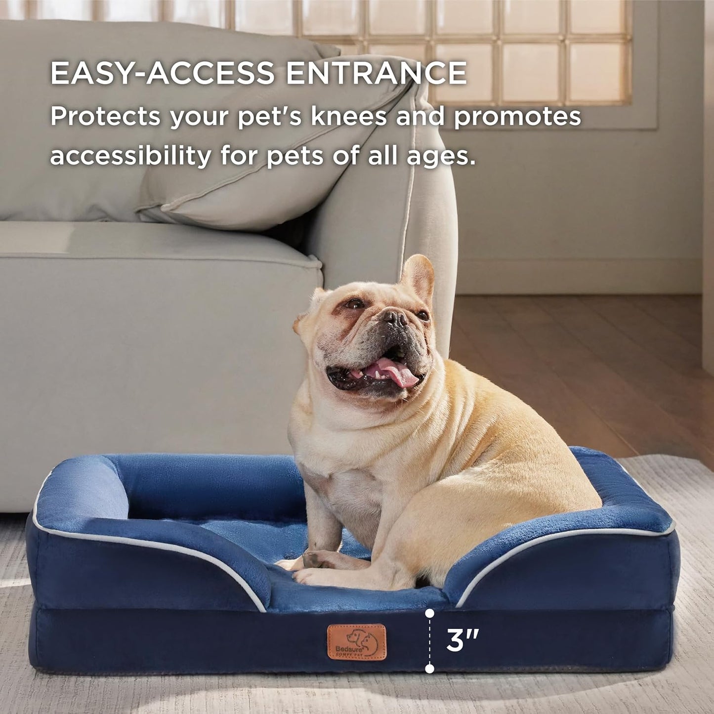 Bedsure Orthopedic Dog Bed Medium Size Dogs - Washable Medium Dog Cat Bed Waterproof, Comfort Pet Couch Sofa with Washable Removable Cover, Pets Bed with Nonskid Bottom, Blue Navy, 28" - Pet Explorer