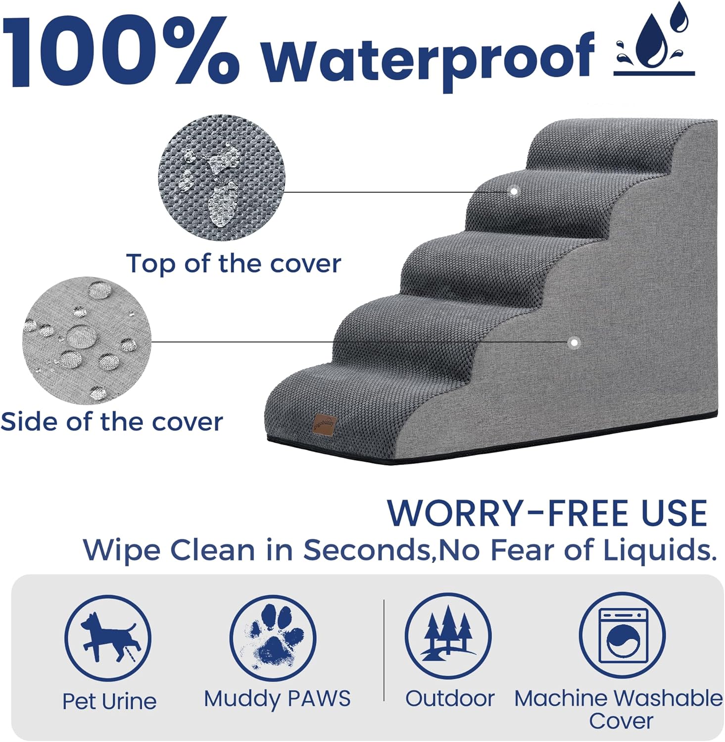 GoGoBunny Ramp Dog Stairs for High Beds 22.6" H, 5-Step Dog Slope Stairs with Durable Waterproof Fabric Cover, Pet Steps for Old Large Dogs Climbing, Non-Slip Sturdy Indoor Step, Grey - Pet Explorer