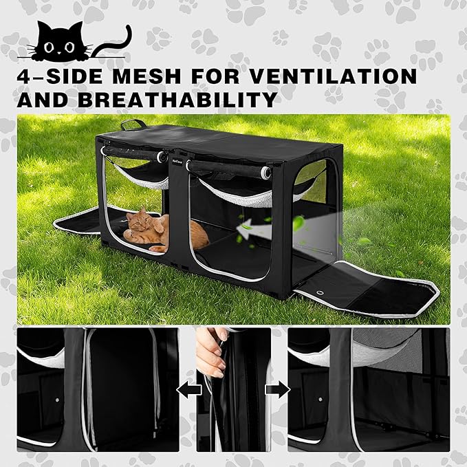 Huge Sapce Double Compartment Cat Travel Carrier with Litter Box & Homack | Cat Show Kennel Cage Crate with Mat & Water Bottle