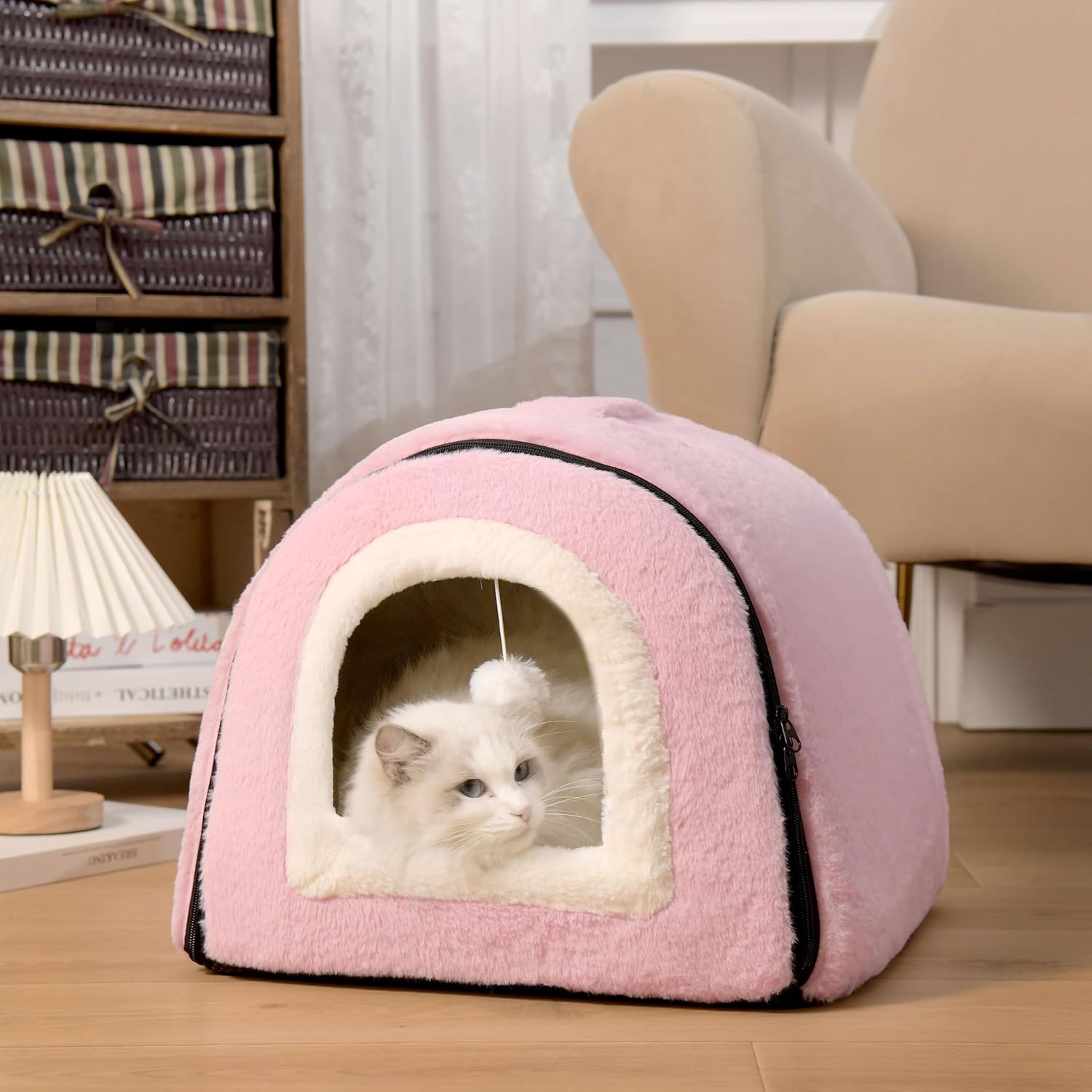 Cat Bed for Indoor Cats，Foldable cat cave，Anti-Slip & Water-Resistant Bottom，cat Houses for Indoor Cats or Small Dogs, Kitten Tent, Rabbit Bed，2 in 1 pet Bed (Pink) - Pet Explorer