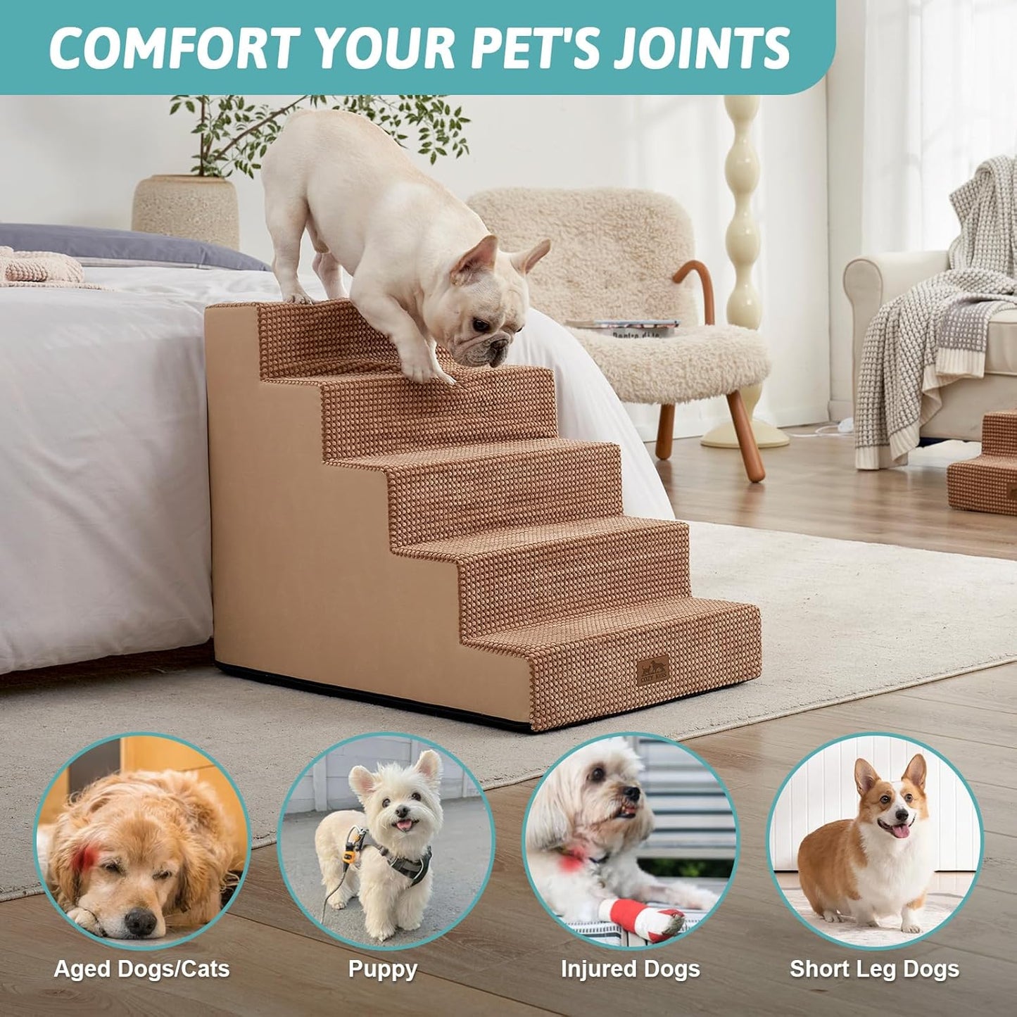 Dog Stairs for Small Dogs, 5 Tier Wider Pet Stairs for High Beds, 23.6" H Non-Slip Dog Steps for Old Cats, Puppies, Small Medium Dogs, 29.5x19.7x23.6 inch, Light Brown - Pet Explorer