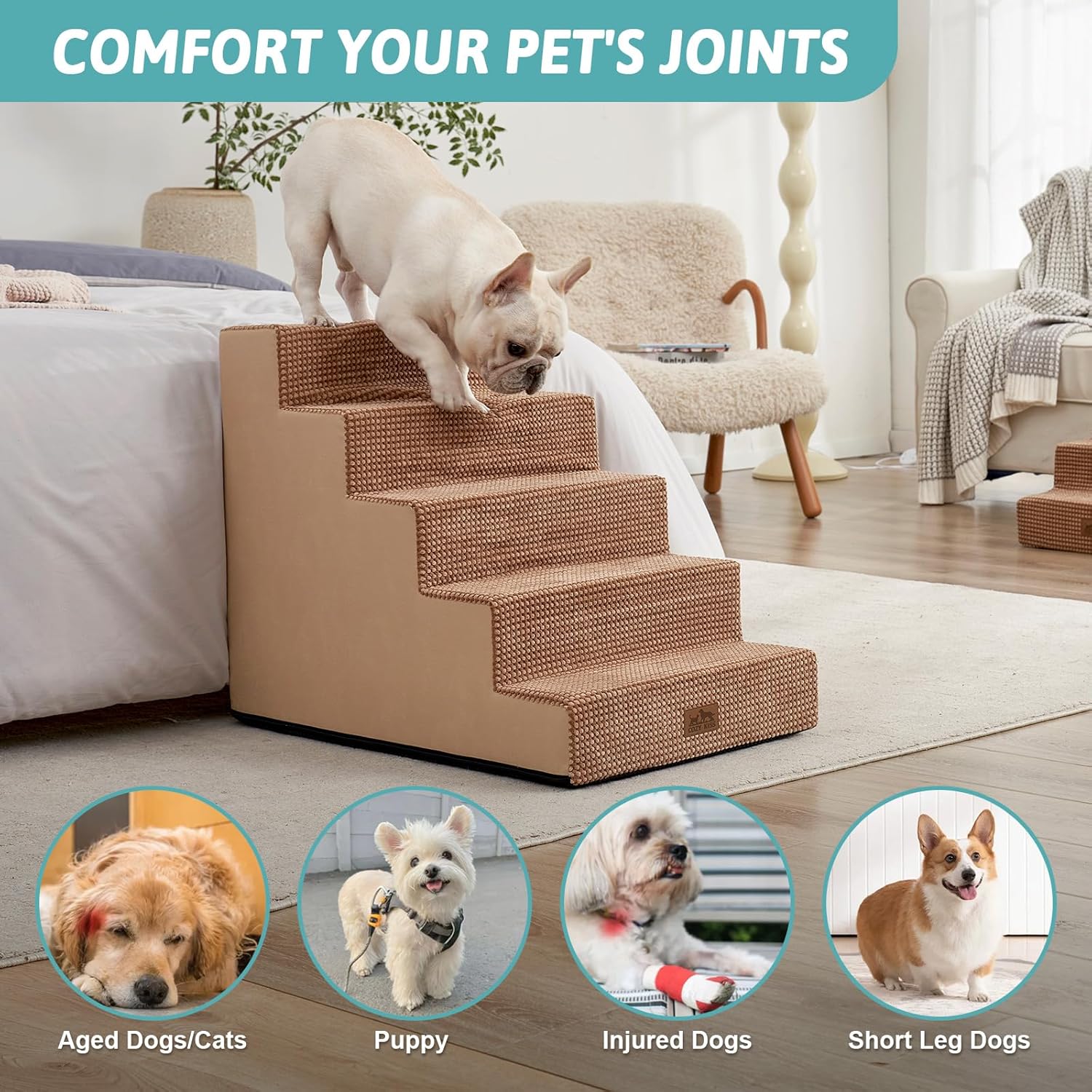 Dog Stairs for Small Dogs, 5 Tier Wider Pet Stairs for High Beds, 23.6" H Non-Slip Dog Steps for Old Cats, Puppies, Small Medium Dogs, 29.5x19.7x23.6 inch, Light Brown - Pet Explorer