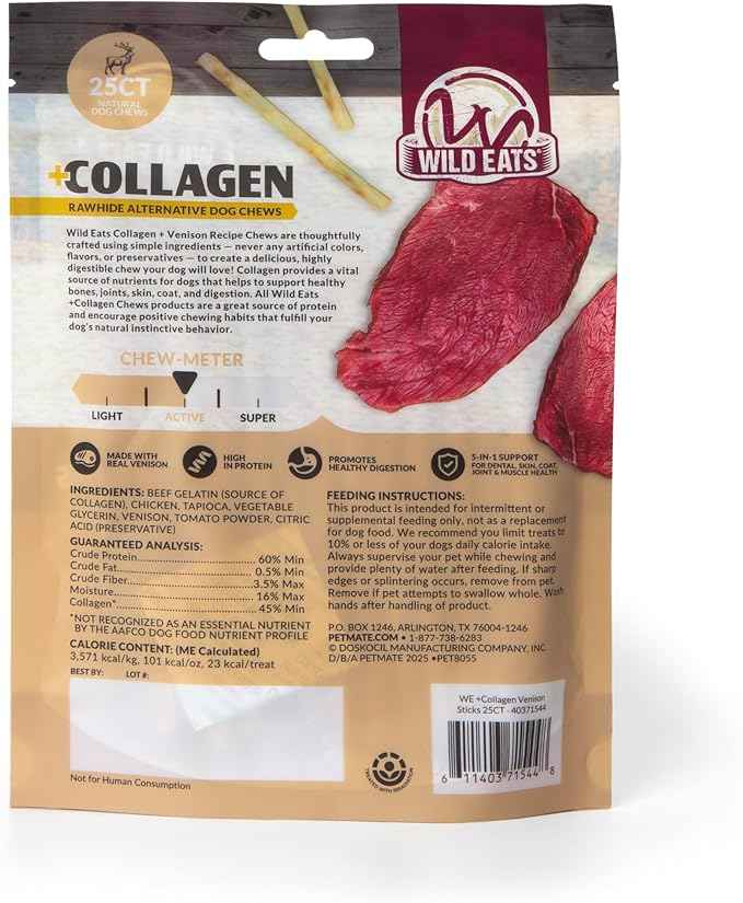 Wild Eats Venison Collagen Sticks for Dogs (25 Pack, 0.6 cm Wide) Long Lasting Dog Chews No Hide Dog Treat Bully Stick Alternative, Rawhide Free, Grain Free, High Protein