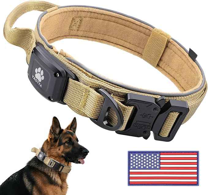 2026 Upgrade Dog Collar with IPX8 Waterproof AirTag Holder,Military Tactical Comfortable Control Handle and Ultra-Durable Metal Buckle/Night Reflective,GPS Collar for Medium to Large Dog（Khaki/L）