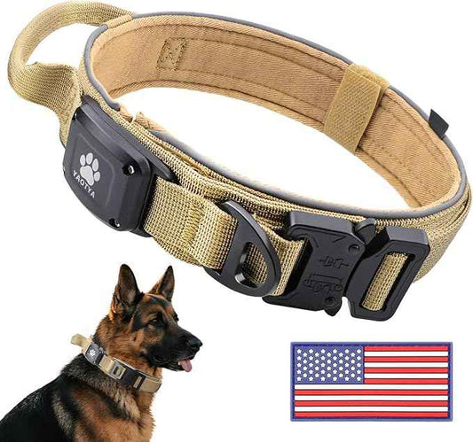 2026 Upgrade Dog Collar with IPX8 Waterproof AirTag Holder,Military Tactical Comfortable Control Handle and Ultra-Durable Metal Buckle/Night Reflective,GPS Collar for Medium to Large Dogs（Khaki/M）