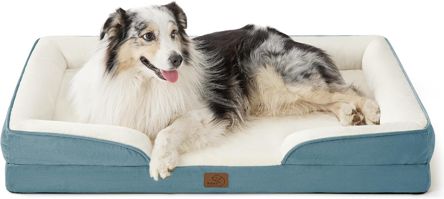 Bedsure XL Orthopedic Dog Bed for Extra Large Dogs - Washable XLarge Dog Cat Bed Waterproof, Comfort Dogs Couch Sofa with Washable Removable Cover, Pet Bed with Nonskid Bottom, Dune Haze Blue, 42" - Pet Explorer