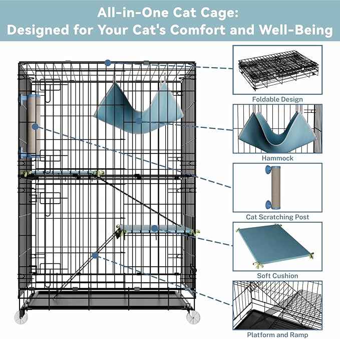 3-Tier Cat Cage Indoor: Medium Cat Enclosure Pet Playpen Detachable Metal Wire Kennel Collapsible Crate with Scratching Post & Plush Pads & Hammock for Cats Kittens