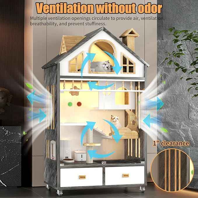 Wooden Cat House Indoor Cats Villa on Wheels, Large Space Cat Cage with Scratching Post, Multi-Feature Enclosed Cat Condo with Cat Litter Box Drawer, 63" X 35" X 24"
