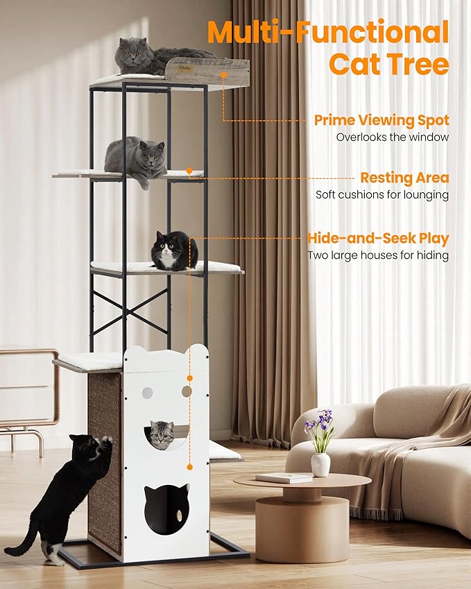 Modern Wood Cat Tree Tower, 84 Inch Extra Tall Cat Condo Trees for Indoor Cats Large Adult, XL Multi-Level Heavy Duty Wooden Sturdy Cat House Furniture with Platform Perch Bed Scratching Post Board