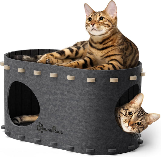 DownyPaws Cat House for Indoor Cats, Cat Bed Cave for Multiple & Large Cats Up to 22 Lbs, Scratch Resistant Peekaboo Cat Caves, Foldable Tunnel Enclosed Bed, PeekaPurr, Sesame Gray - Pet Explorer