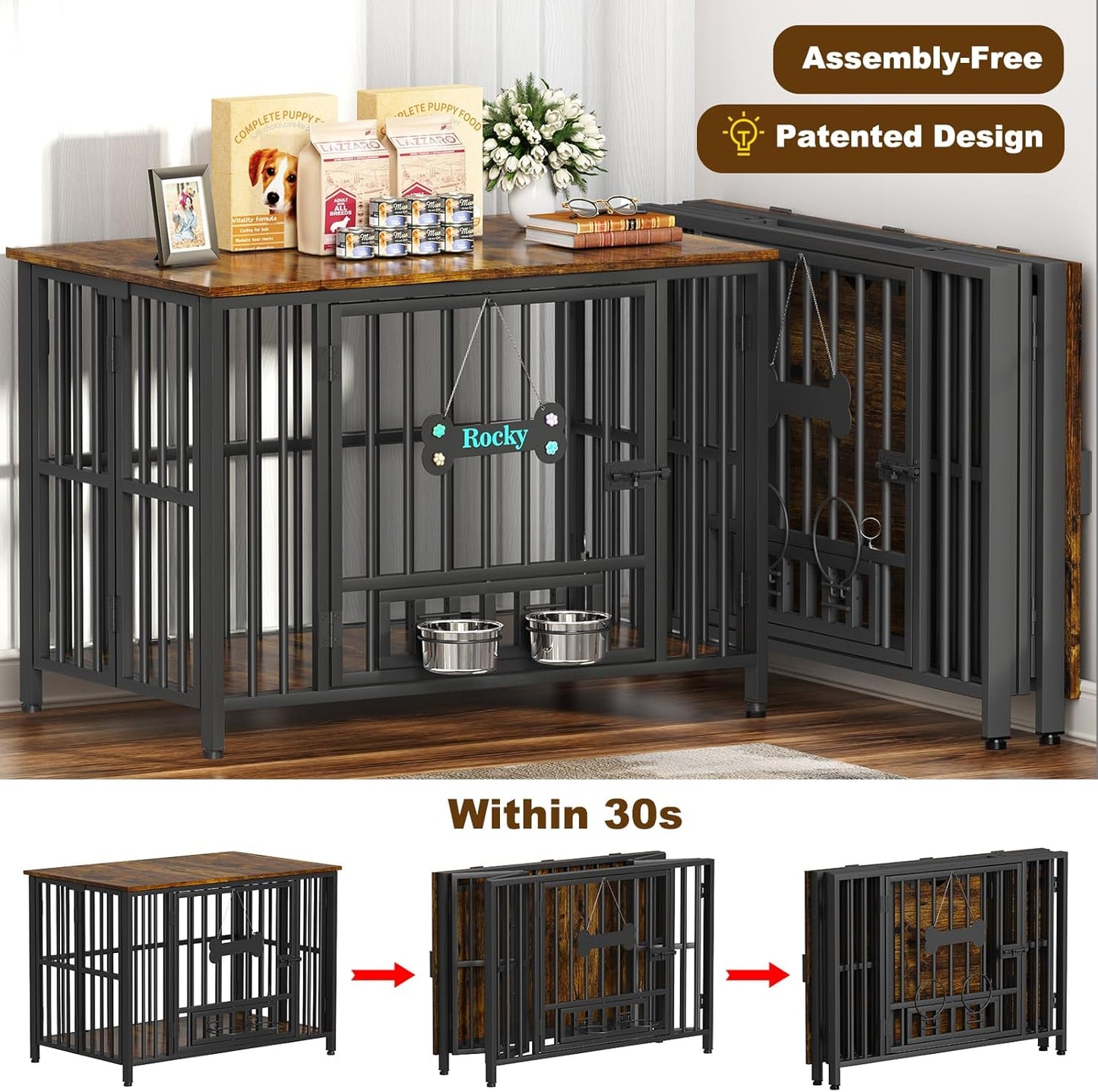 Easycom 41" Dog Crate Furniture Foldable, No Assembly Decorative Dog Kennel Indoor, Dog Crates for Large Dogs, Wooden Dog Cage with Adjustable Bowls and Name Tag, End Table, Rustic Brown