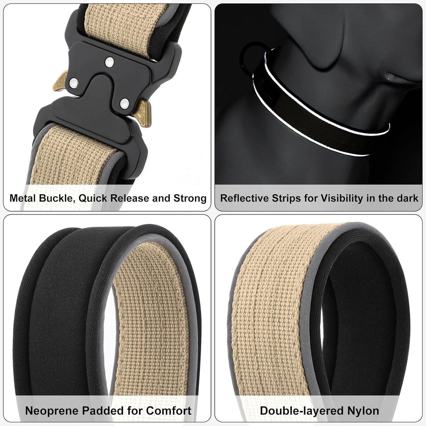 Plutus Pet Tactical Dog Collar, Reflective, Adjustable Heavy Duty Dog Collar, Soft Padded and Comfortable, for Small Medium and Large Dogs (Beige, M)