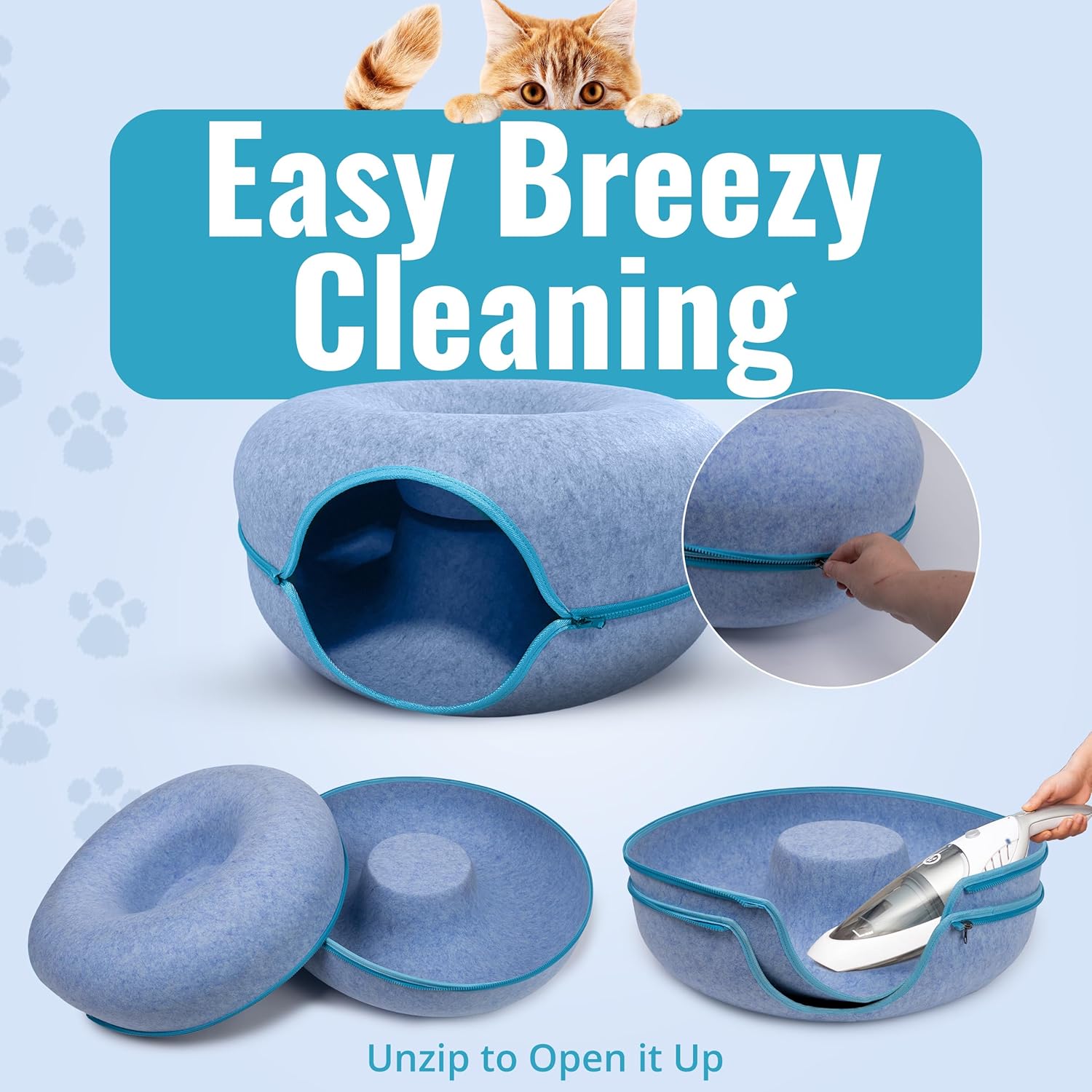 Okoco Cat Tunnel Bed for Indoor Cats Large, 24" Peekaboo Cat Cave Donut Bed for Pets up to 45lbs, 2-in-1 Round Tube with Hanging Ball Toy & Removable Machine Washable Parts (Light Blue) - Pet Explorer