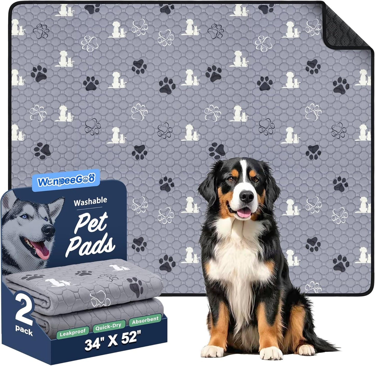 Washable Pee Pads for Dogs Mat, 2 Pack Absorbent Reusable Training Dog Pads Pet Puppy Pads, Non-Slip Potty Pads for Whelping, Playpen, Crate, Bed, Grey 34"x52" - Pet Explorer