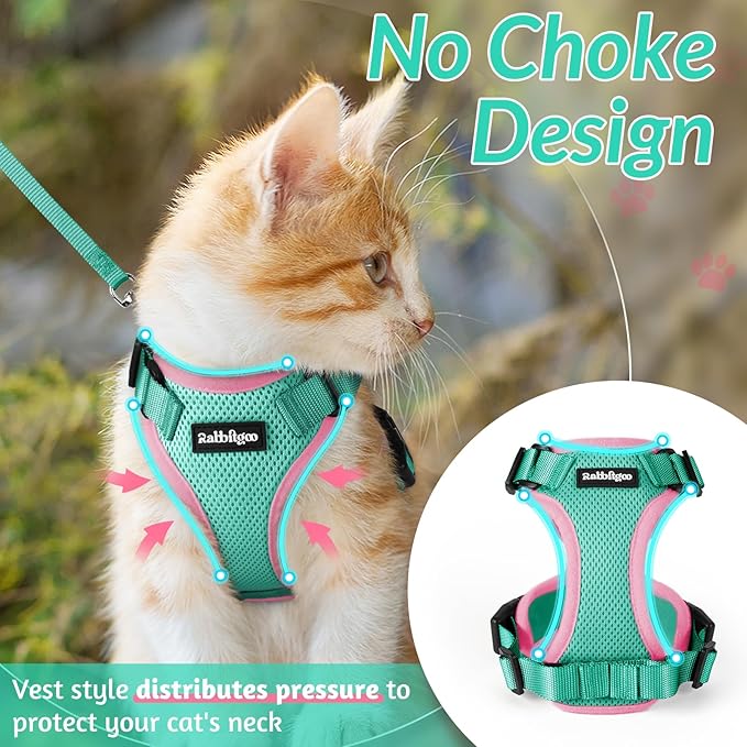 rabbitgoo Cat Harness and Leash for Walking, Escape Proof Soft Adjustable Vest Harnesses for Cats, Easy Control Breathable Reflective Strips Jacket, Green&Pink, S
