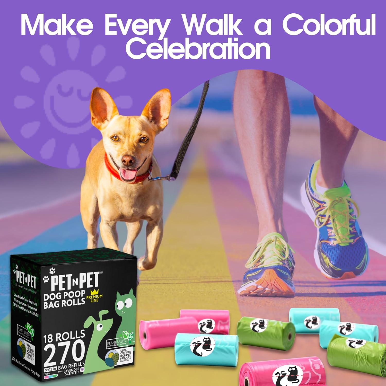 Pet N Pet 270 Counts Lavender Scented, Colorful Poop Bags for Dogs, 38% Plant Based & 62% PE Dog Poop Bags Rolls, Extra Thick Dog Waste Bag, Doggy Bag - Pet Explorer