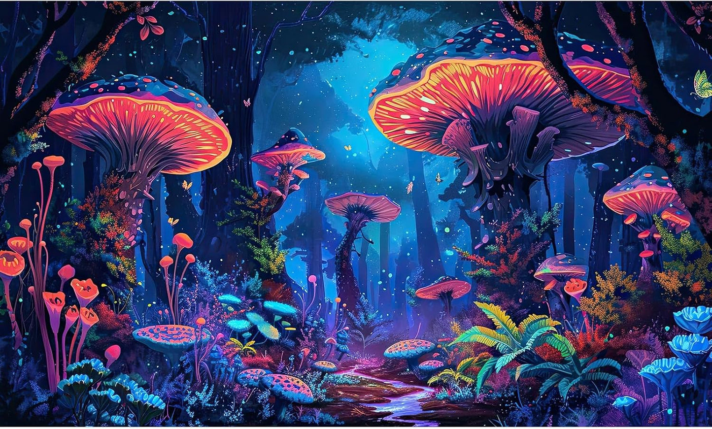 Mushrooms Aquarium Background Fantasy Bright Flowers Butterflies Fish Tank Backdrop Decoration Poster Trippy Wonderland Landscape with Giant Mystical Mushrooms Terrarium Background Decor 36x24in - Pet Explorer