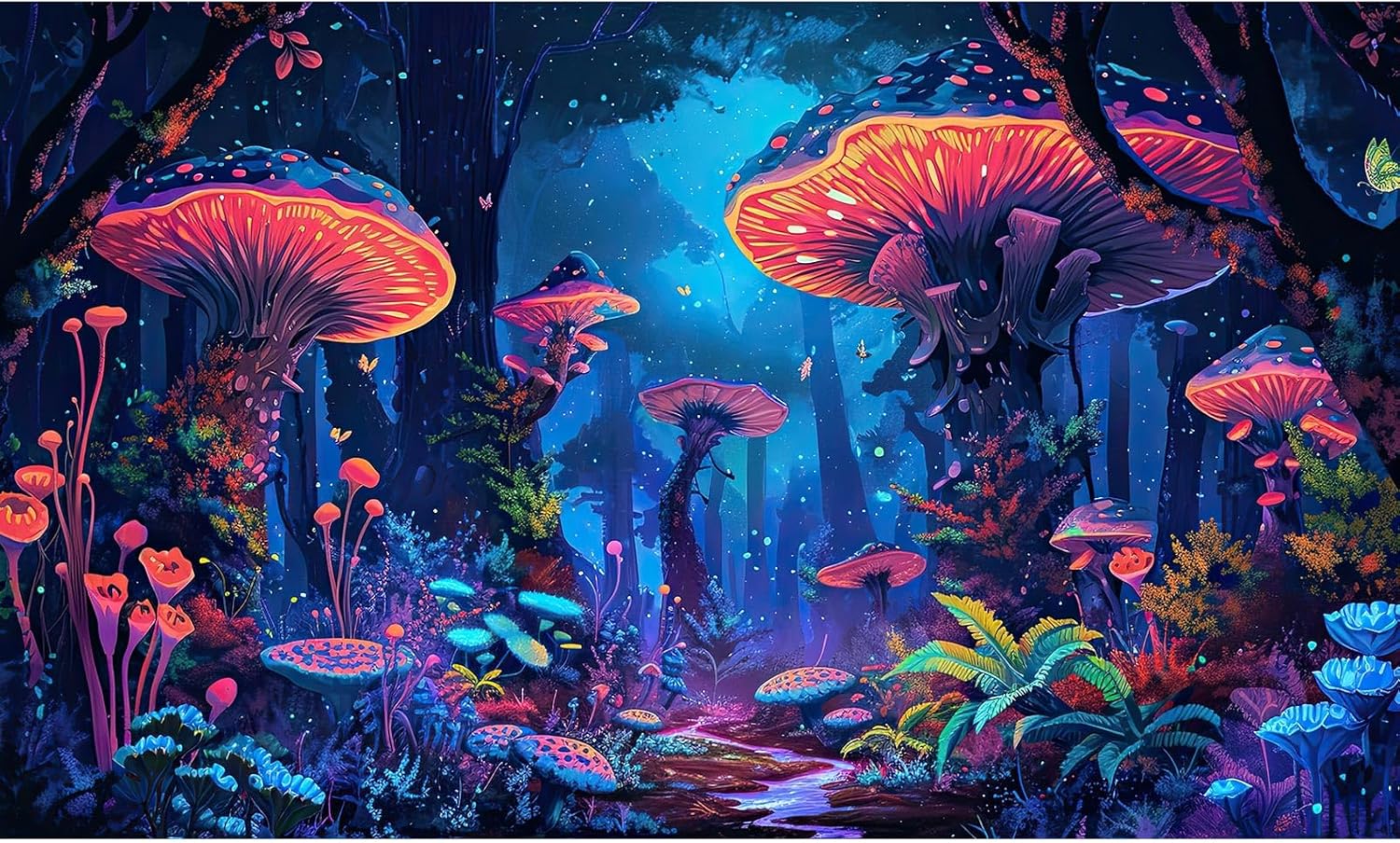Mushrooms Aquarium Background Fantasy Bright Flowers Butterflies Fish Tank Backdrop Decoration Poster Trippy Wonderland Landscape with Giant Mystical Mushrooms Terrarium Background Decor 36x24in - Pet Explorer