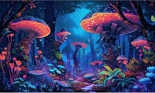 Mushrooms Aquarium Background Fantasy Bright Flowers Butterflies Fish Tank Backdrop Decoration Poster Trippy Wonderland Landscape with Giant Mystical Mushrooms Terrarium Background Decor 36x20in - Pet Explorer